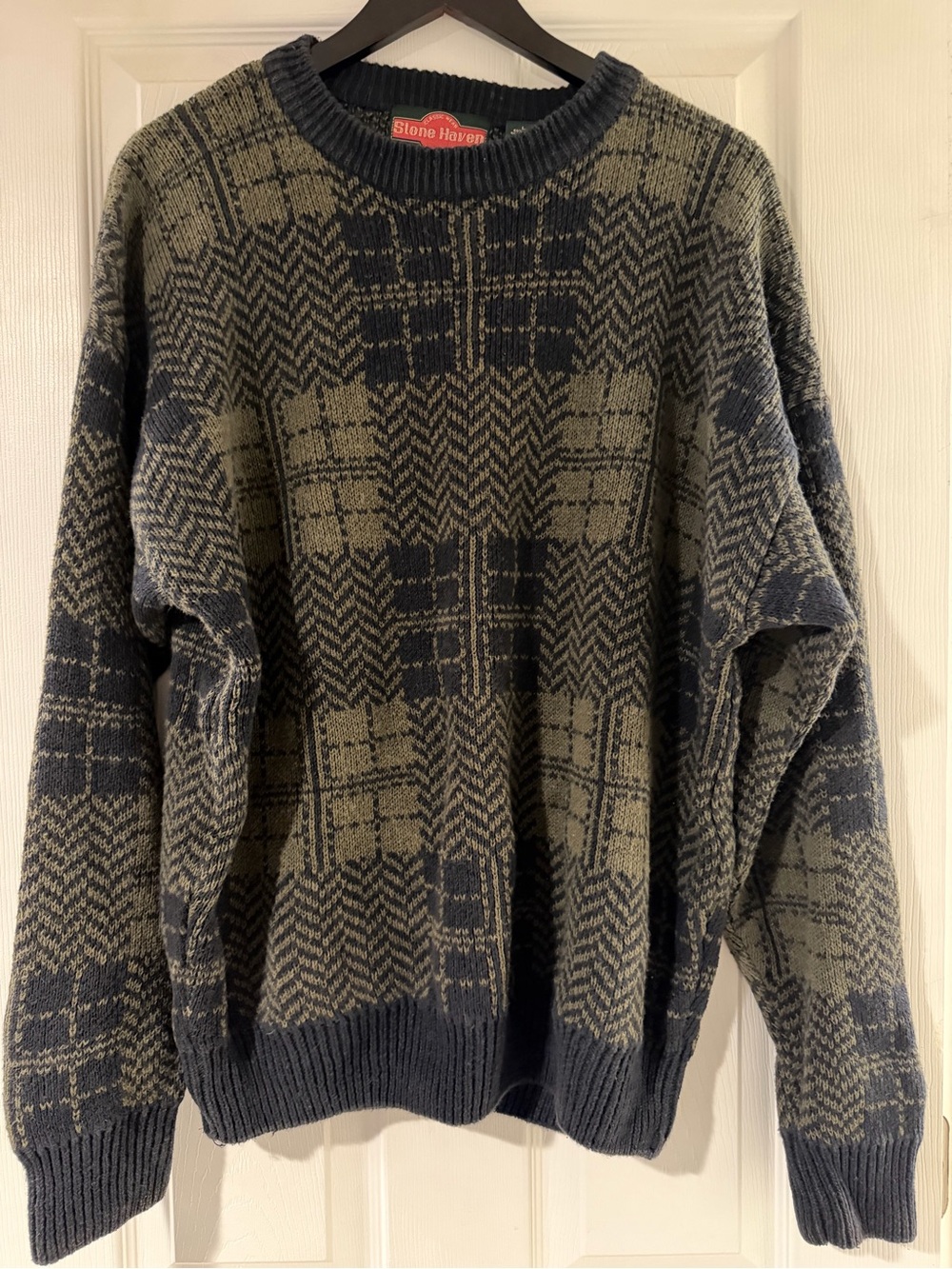 Vintage 90’s Grandpa Crewneck Patterned Comfy Sweater Green & Grey, Size Large